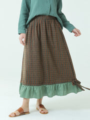 Spring Elastic Waist Plaid Loose Vintage Long Skirt M-2XL