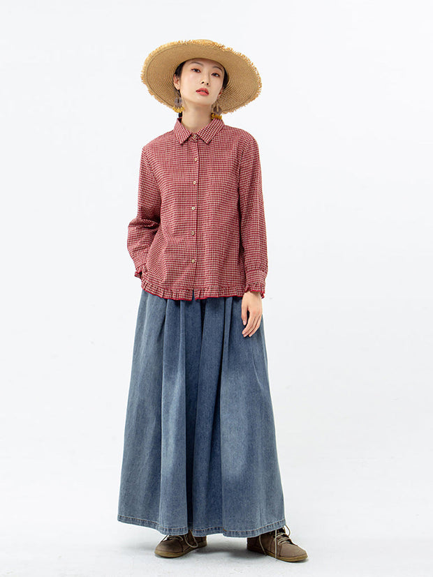 Women Plaid Hand-Made Linen Cotton Loose Shirt