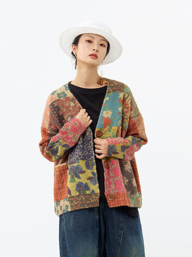 Autumn Colorful Flower Knitted Floral Sweater Coat