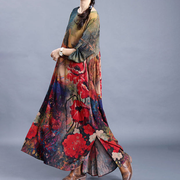 Flower Printed Retro Split Hem Silk Dress