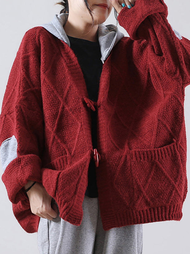Hooded Knitted Pocket Patchwork Sweater Coat