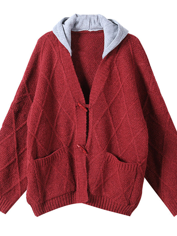Hooded Knitted Pocket Patchwork Sweater Coat