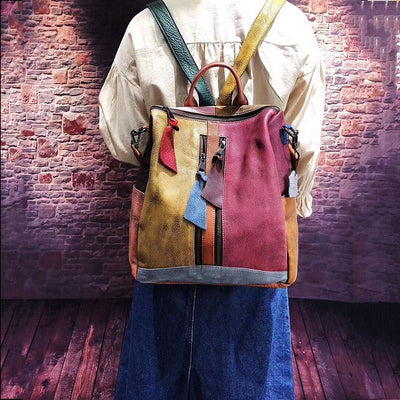 Mehrfarbiger Damen-Rucksack aus Leder mit Reißverschluss