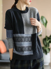 Women Winter Artsy Knitted Patchwork Loose Warm Sweater