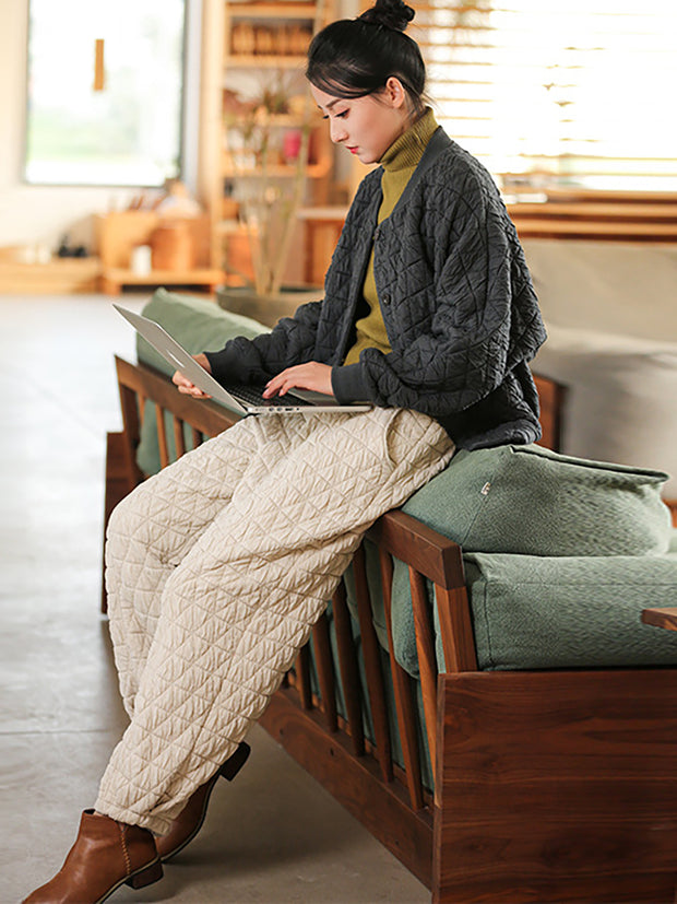 Warm Solid Color Pocket Elastic Waist Lantern Pants