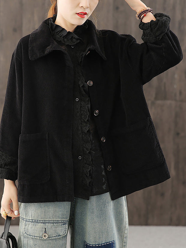 Women Solid Color Pocket Corduroy Jacket Coat