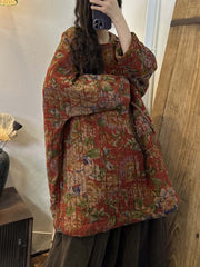 Women Winter Ethnic Floral Print Pocket Loose Warm Coat