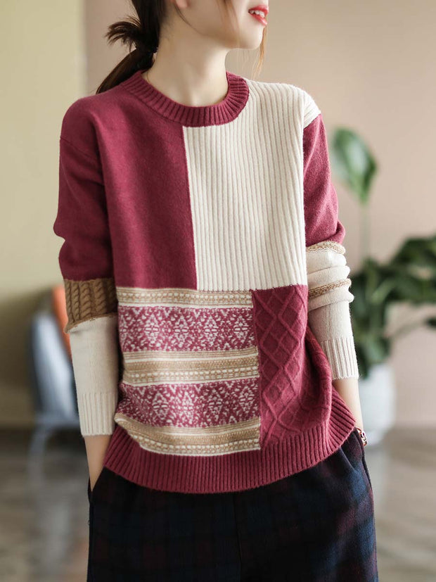 Women Winter Artsy Knitted Patchwork Loose Warm Sweater