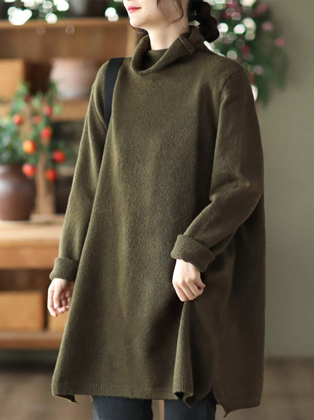 Women Winter Knitted Turtleneck Solid Sweater Dress
