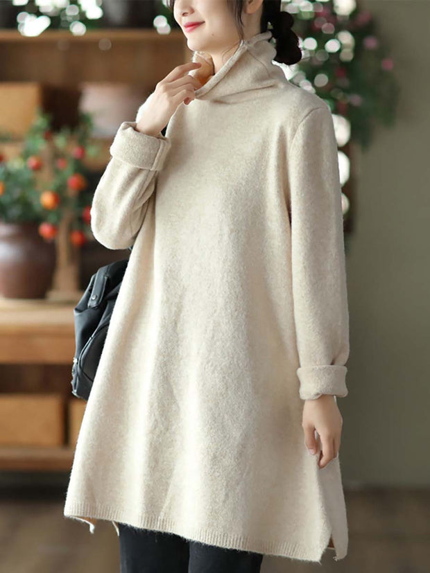Women Winter Knitted Turtleneck Solid Sweater Dress