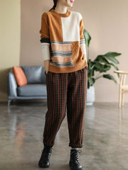 Women Winter Artsy Knitted Patchwork Loose Warm Sweater