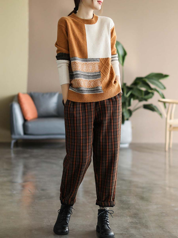 Women Winter Artsy Knitted Patchwork Loose Warm Sweater