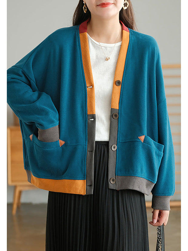 Plus Size Color Contrast Pocket Breasted Long Sleeve Coat
