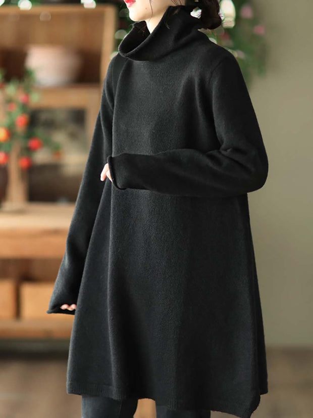 Women Winter Knitted Turtleneck Solid Sweater Dress
