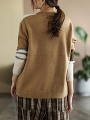 Women Winter Artsy Knitted Patchwork Loose Warm Sweater