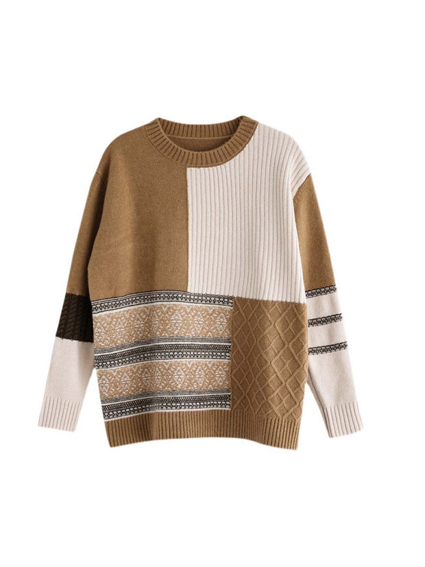 Women Winter Artsy Knitted Patchwork Loose Warm Sweater