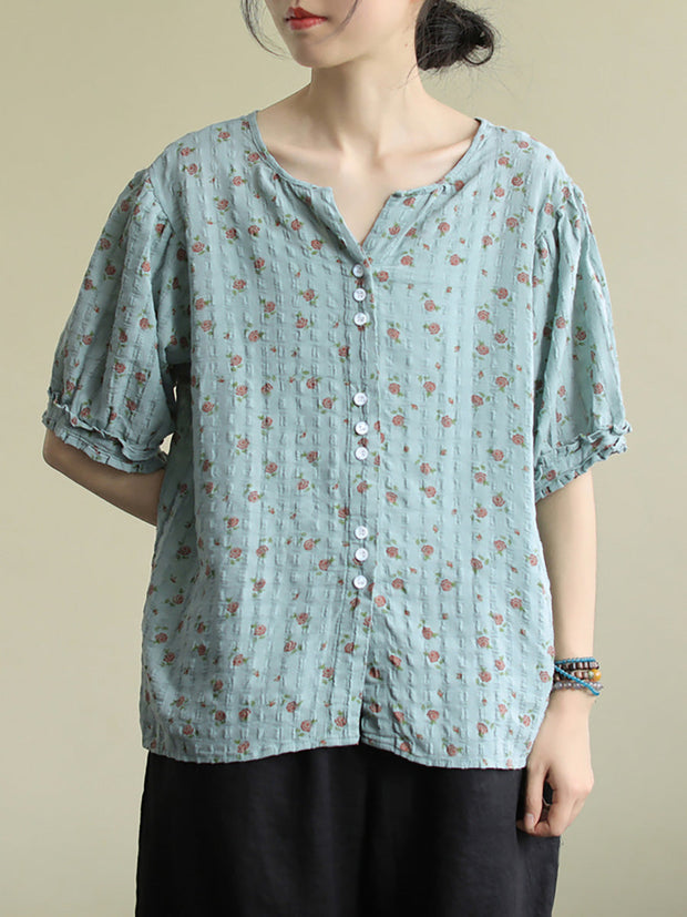 Floral Prints Single Breasted Cotton Linen Shirt