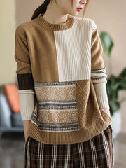 Women Winter Artsy Knitted Patchwork Loose Warm Sweater