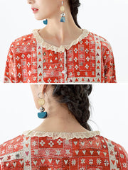 Cotton Linen Lace Decoration Pocket Long Sleeve Shirt