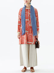 Cotton Linen Lace Decoration Pocket Long Sleeve Shirt