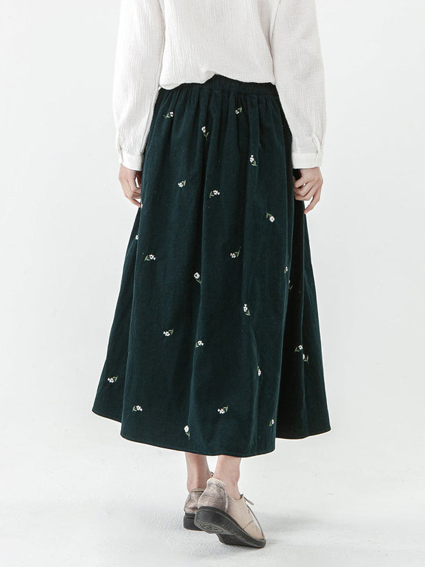 Cotton Pocket Floral Elastic Waist Embroidered Skirt
