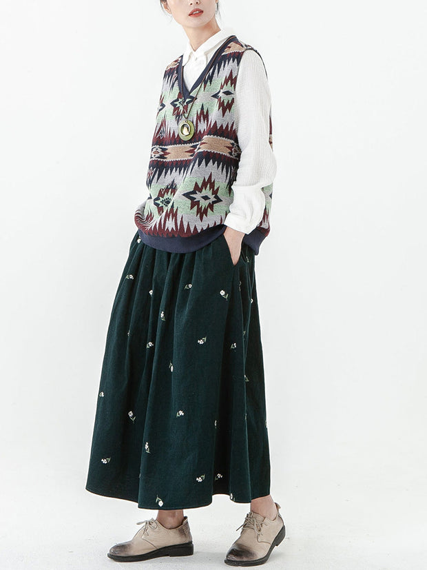 Cotton Pocket Floral Elastic Waist Embroidered Skirt