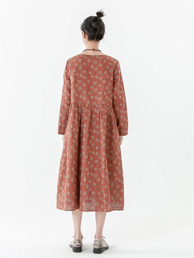 Langarmkleid aus Baumwolle im Vintage-Stil mit Blumenmuster und karierten Taschen