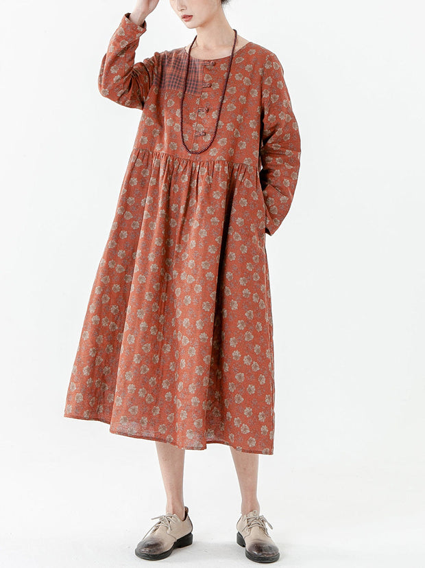 Langarmkleid aus Baumwolle im Vintage-Stil mit Blumenmuster und karierten Taschen