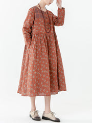 Cotton Vintage Floral Plaid Pocket Long Sleeve Dress