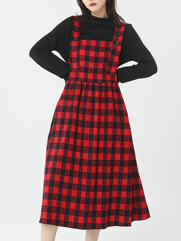 Cotton Women Top and Plaid Pinafore Dress