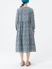 Cotton Women Stripes Pocket Long Sleeve Dress