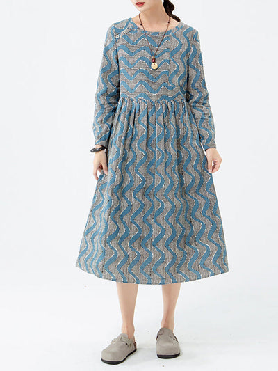 Cotton Women Stripes Pocket Long Sleeve Dress
