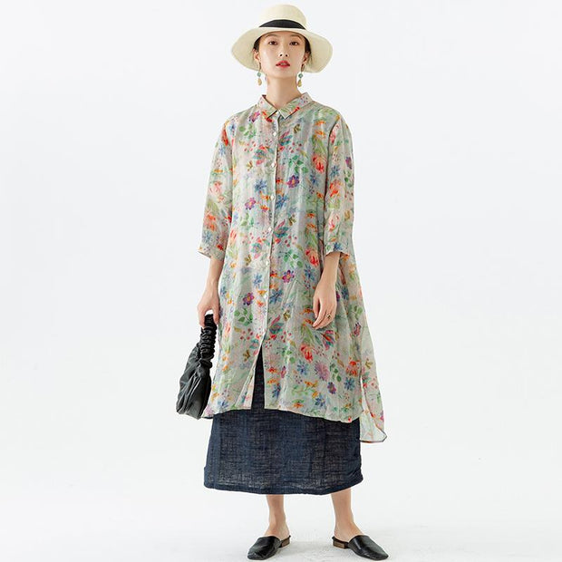 Floral Leaf Breasted Split Mid-Length Shirt