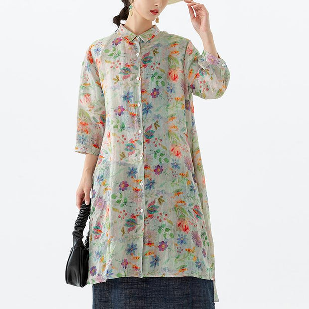 Floral Leaf Breasted Split Mid-Length Shirt