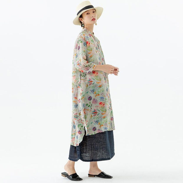 Floral Leaf Breasted Split Mid-Length Shirt