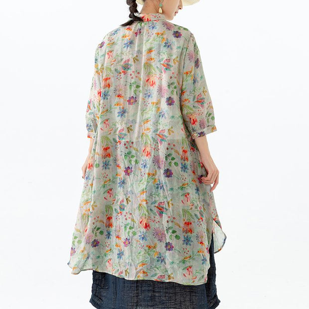 Floral Leaf Breasted Split Mid-Length Shirt