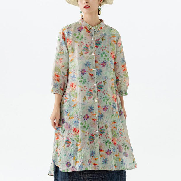 Floral Leaf Breasted Split Mid-Length Shirt
