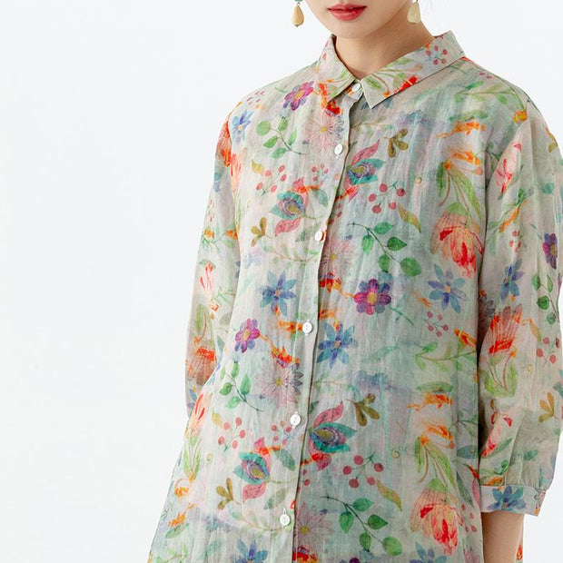 Floral Leaf Breasted Split Mid-Length Shirt