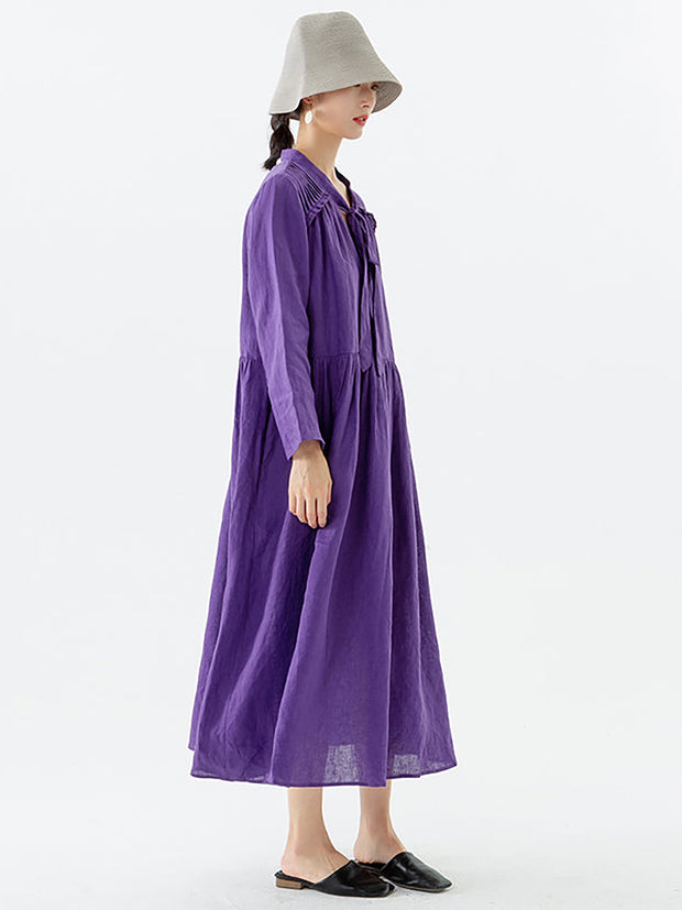 Linen Women Lace-up Pocket Long Sleeve Dress