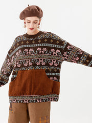 Stitching Knitted Geometric Pocket Vintage Sweater