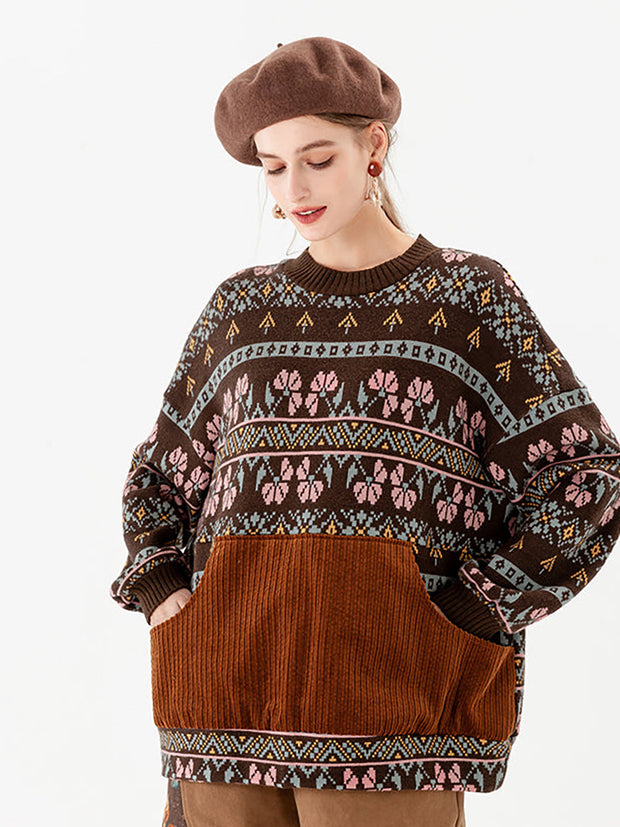 Stitching Knitted Geometric Pocket Vintage Sweater