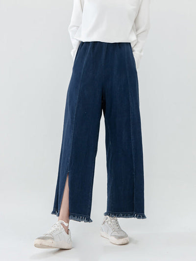 Women Pocket Tasseled Split Hem Pants