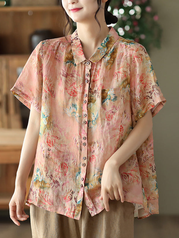 Florales Ramie Vintage Sommer Damen Lockeres Shirt 