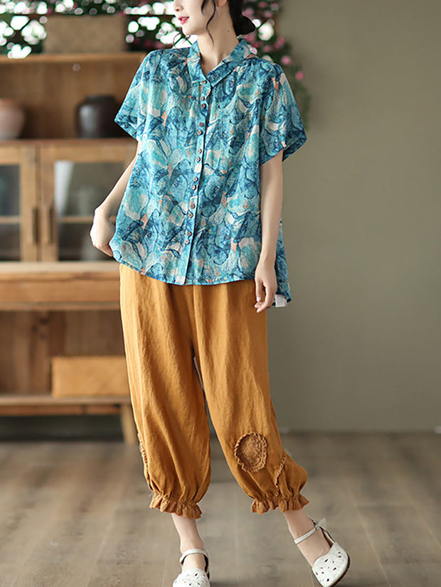 Floral Ramie Vintage Summer Women Loose Shirt