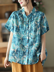 Floral Ramie Vintage Summer Women Loose Shirt