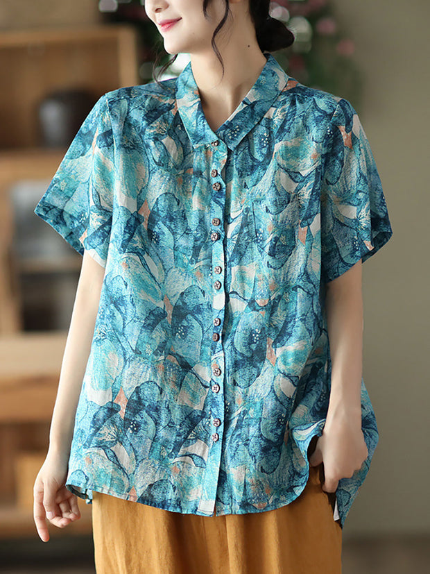 Florales Ramie Vintage Sommer Damen Lockeres Shirt 