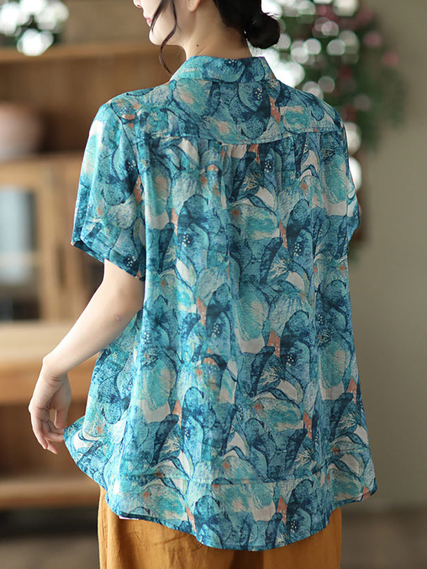 Floral Ramie Vintage Summer Women Loose Shirt