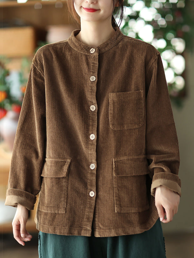 Women Solid Vintage Cotton Corduroy Coat