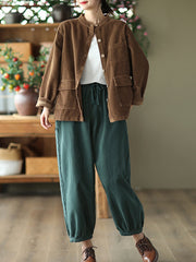 Women Solid Vintage Cotton Corduroy Coat