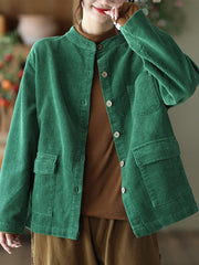 Women Solid Vintage Cotton Corduroy Coat